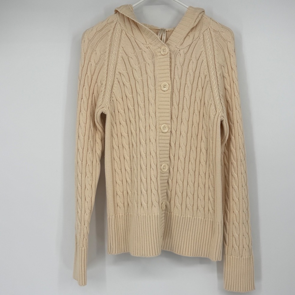 High Sierra Women's XL Cream Cable Knit Hooded Cardigan 100% Cotton Y2K